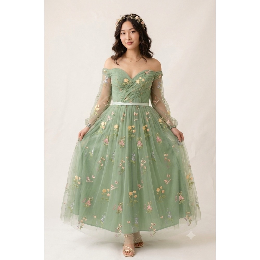 Fashion Class Fashion | Dresses | New Fairycore Dress Gown 6 Formal Floral Embroidered Sage Prom Midi Fit Flare